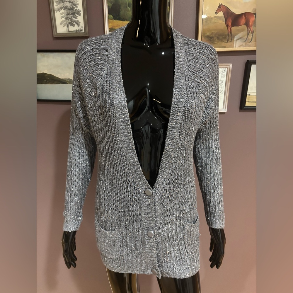 Vintage BCBGMaxazria Silver Metallic Sequin Button-Up Cardigan Medium